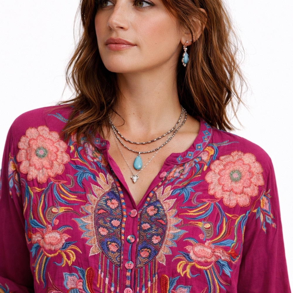 Johnny Was B17019-9 BIYA Esmeralda Embroidered Rayon Tunic Pink Boho Blouse